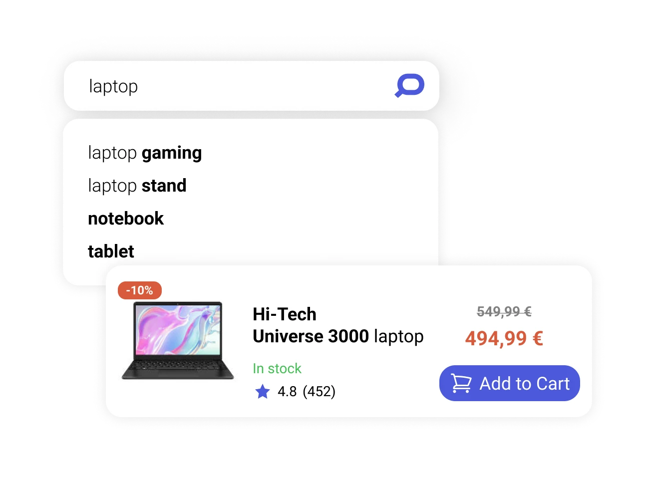 Rich Autocomplete feature deciphers user intent and immediately offers search query, category, and product suggestion when shoppers click into the search box.