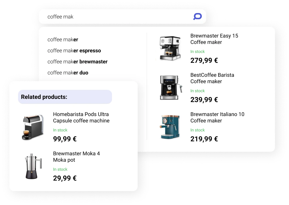 Related Products appear in the search box to help shoppers reformulate their query by selecting alternative products related to their initial search intent.