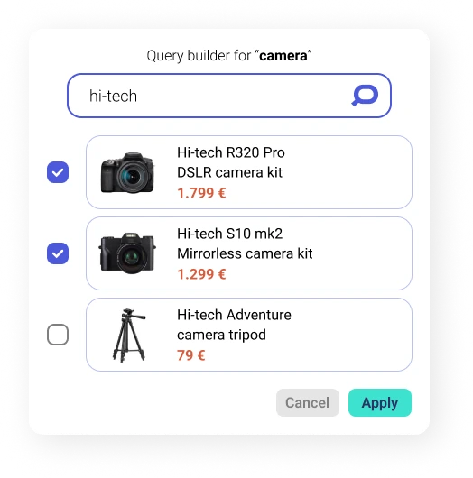 Visual Query Builder feature helps you create alternative search queries with filters and sorting options to select products you want to place at the top of the search results