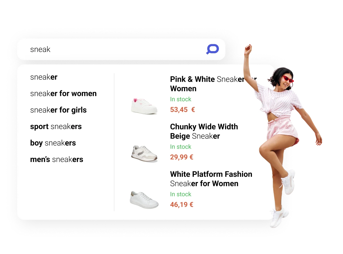 Prefixbox Personalized Search illustration - women sneakers autocomplete box with personalization