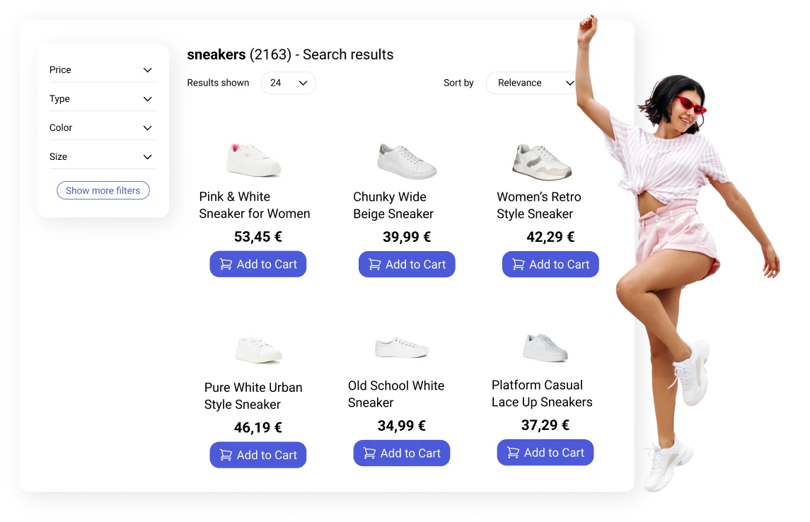 Prefixbox Personalized Search illustration - women sneakers search results with personalization