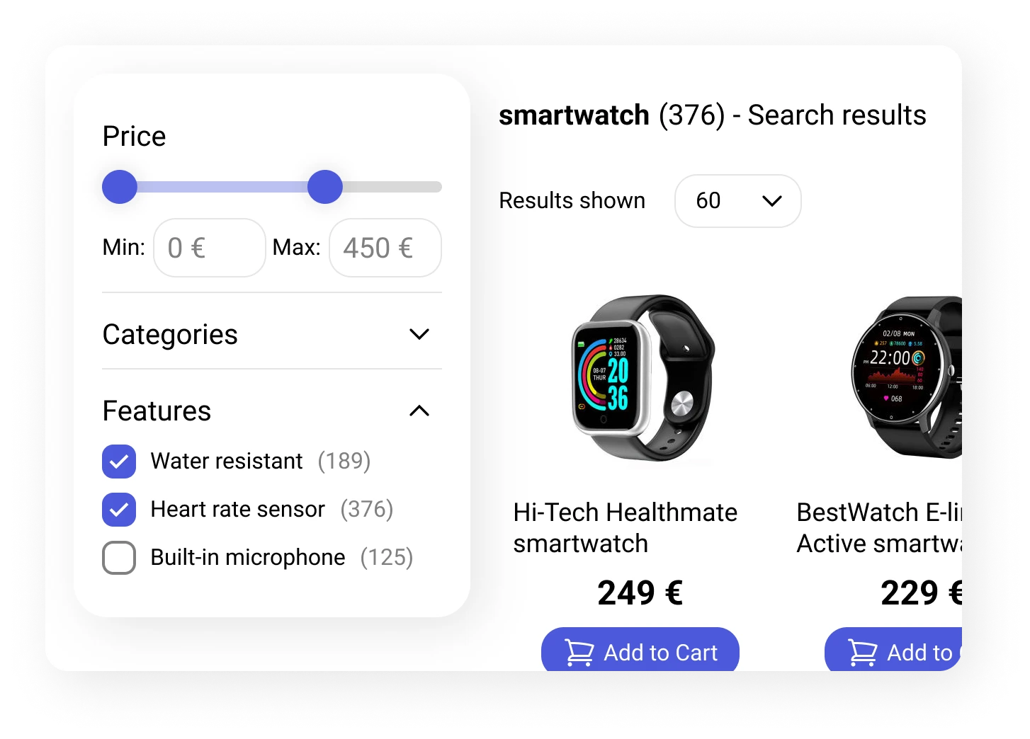 Dynamic Filers change dynamically based on the search query. If someone searches for shoes, they can filter results by size, and if they search for a laptop, they can filter results by processing power.